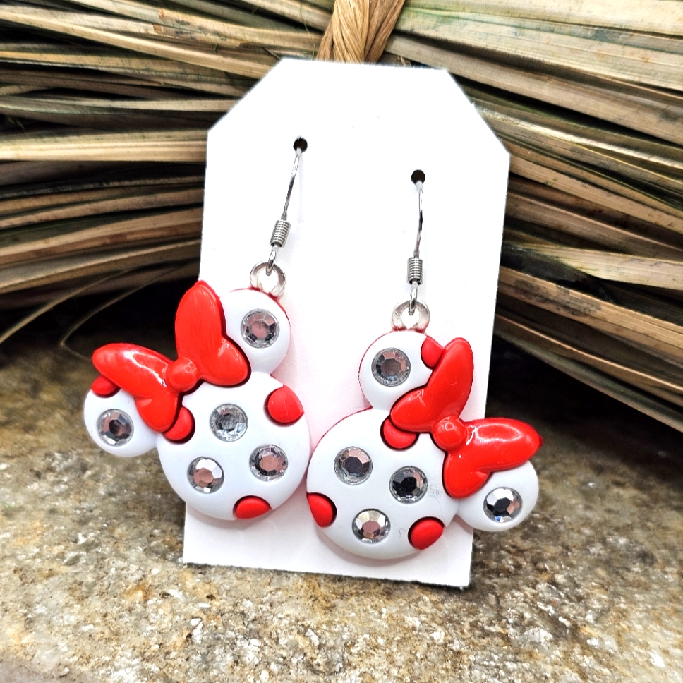 Rhinestone Minnie Mouse Earrings Pierced Disney Character Polka Dot Light Weight 15$